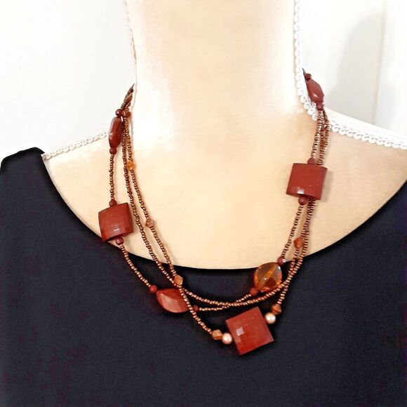 Delicate seed bead triple strand beaded necklace bronze tone 18" - Picture 1 of 3